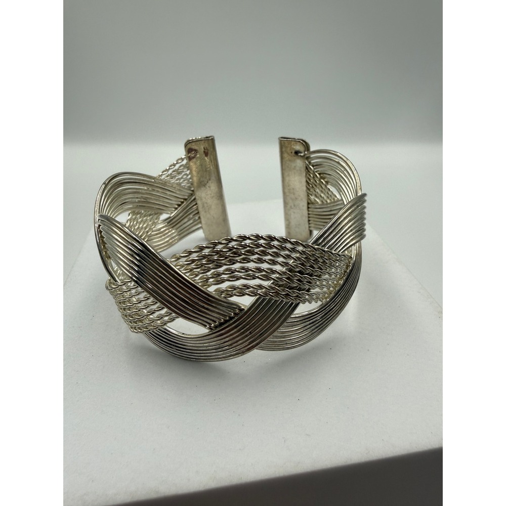 Silver Tone Woven Multi Strand‎ Braided Wire Cuff Bracelet Statement Jewelry